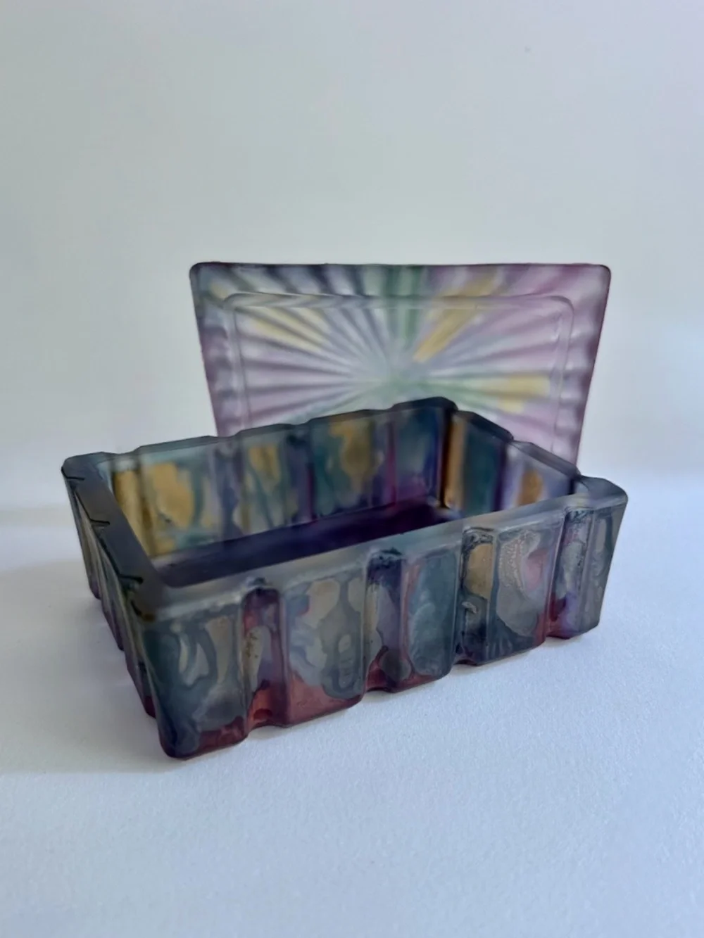 Colorful Sunburst Pattern Ribbed Glass Box, 1970's